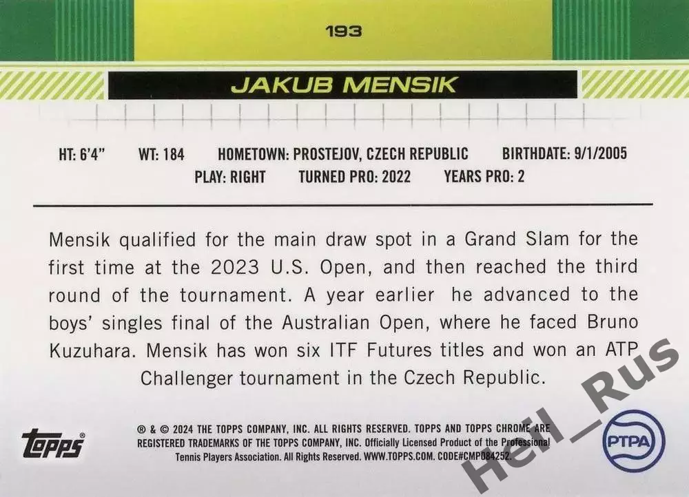 Теннис. Карточка Jakub Mensik/Якуб Меншик (Чехия/Чешская Республика) 2024 TOPPS 1