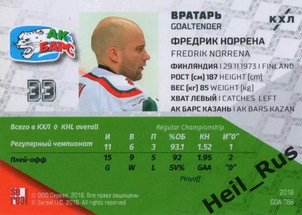 Хоккей. Карточка Фредрик Норрена (Ак Барс Казань) КХЛ/KHL SeReal тираж 18/18 1