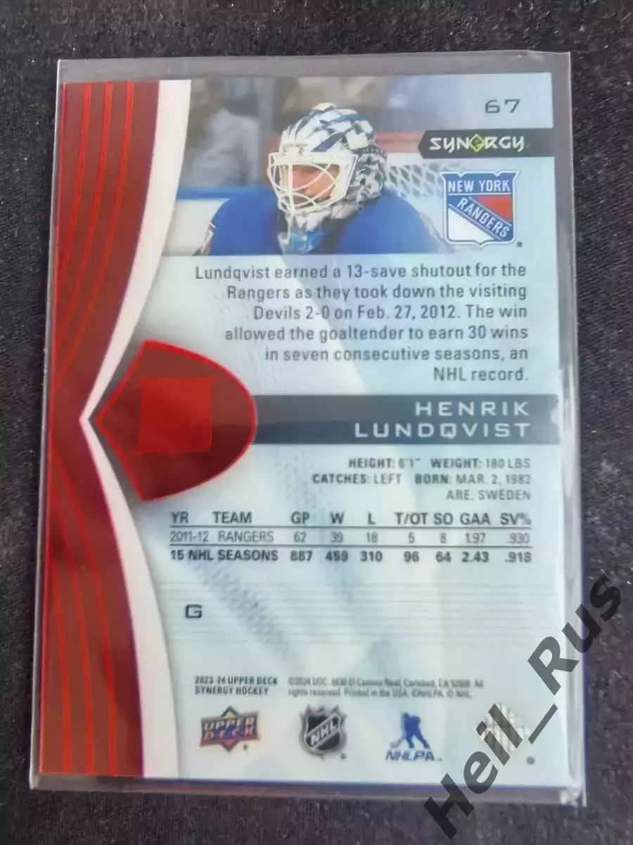 Карточка Lundqvist/Хенрик Лундквист New York Rangers/Нью-Йорк Рейнджерс NHL НХЛ 1