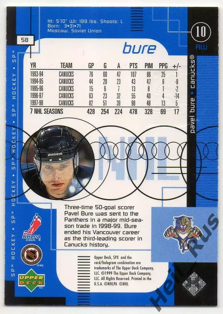 Карточка Павел Буре Florida Panthers/Флорида Пантерз Спартак/ЦСКА Москва НХЛ/NHL 1