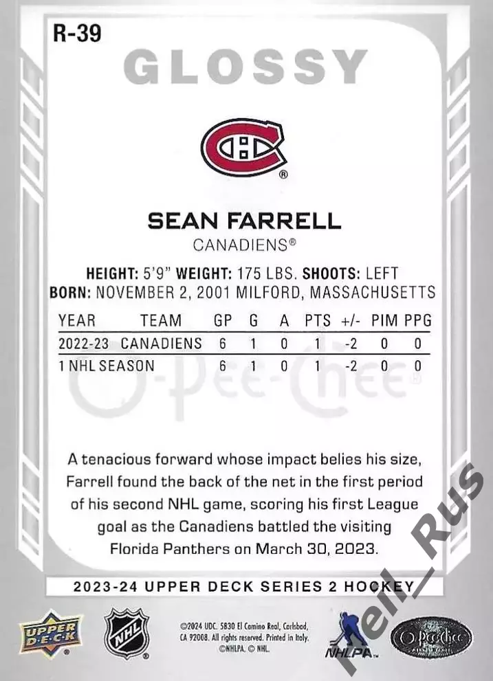 Карточка Sean Farrell/Шон Фаррелл Montreal Canadiens/Монреаль Канадиенс НХЛ/NHL 1