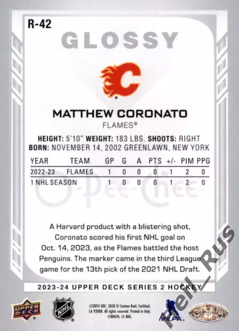 Карточка Matthew Coronato/Мэттью Коронато Calgary Flames/Калгари Флэймз НХЛ/NHL 1