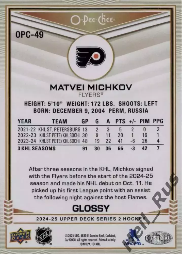 Карточка Матвей Мичков Philadelphia Flyers/Филадельфия Флайерз, Сочи/СКА НХЛ/КХЛ 1