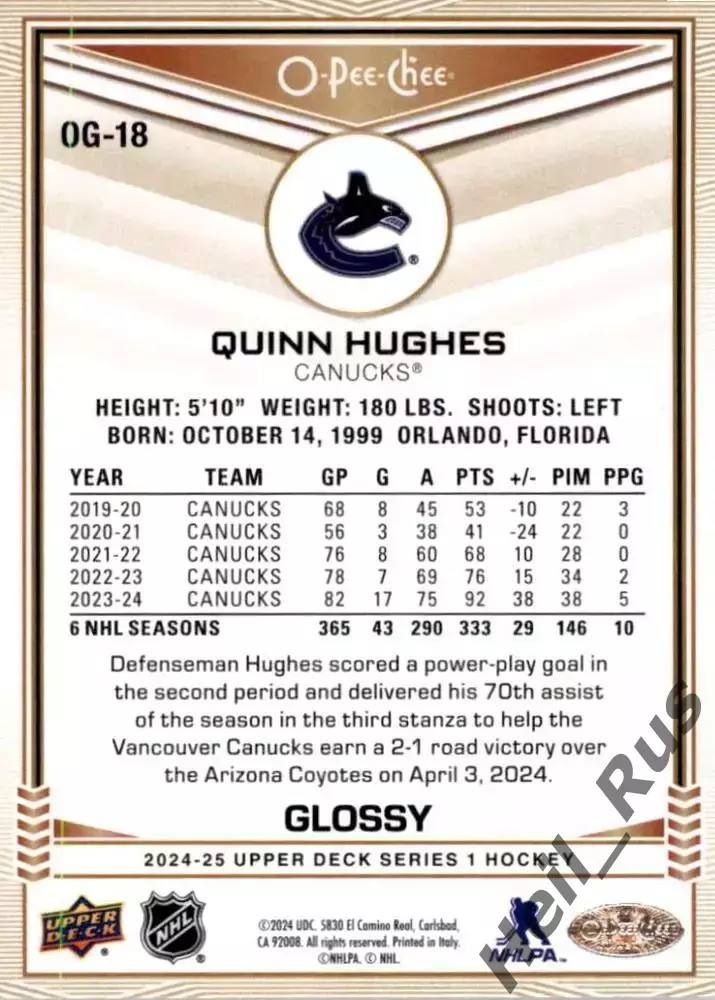 Карточка Quinn Hughes / Куинн Хьюз (Vancouver Canucks/Ванкувер Кэнакс) НХЛ/NHL 1