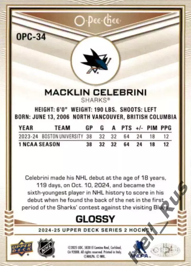 Карточка Macklin Celebrini/Маклин Селебрини (San Jose Sharks/Сан-Хосе) НХЛ/NHL 1