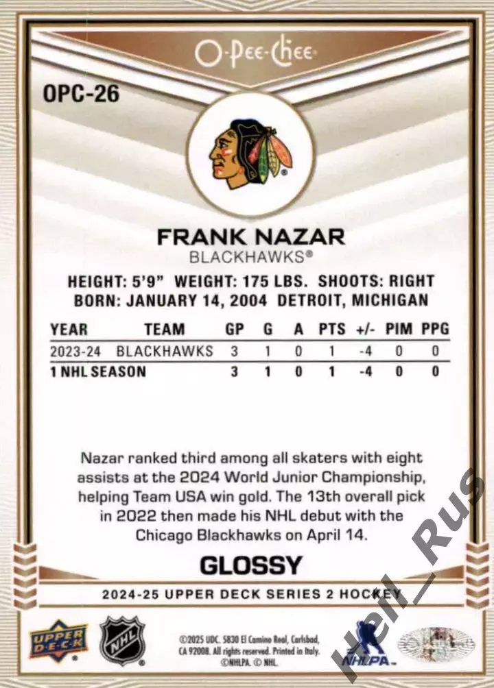 Карточка Frank Nazar / Фрэнк Назар (Chicago Blackhawks/Чикаго Блэкхокс) НХЛ/NHL 1