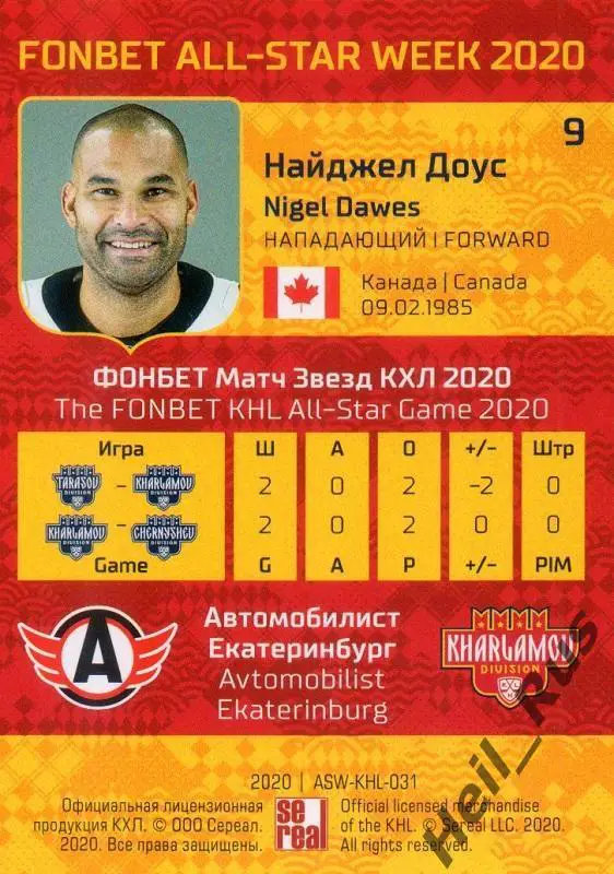 Карточка Найджел Доус Автомобилист Екатеринбург КХЛ/KHL Неделя Звезд Хоккея 2020 1