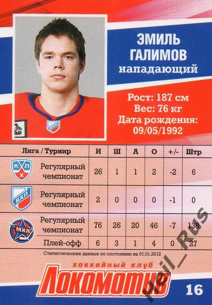 Хоккей. Карточка Эмиль Галимов (Локомотив Ярославль) ВХЛ/МХЛ/КХЛ сезон 2011/12 1