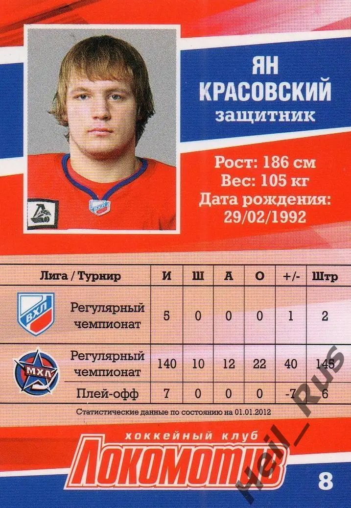 Хоккей. Карточка Ян Красовский (Локомотив Ярославль) ВХЛ/МХЛ/КХЛ сезон 2011/12 1