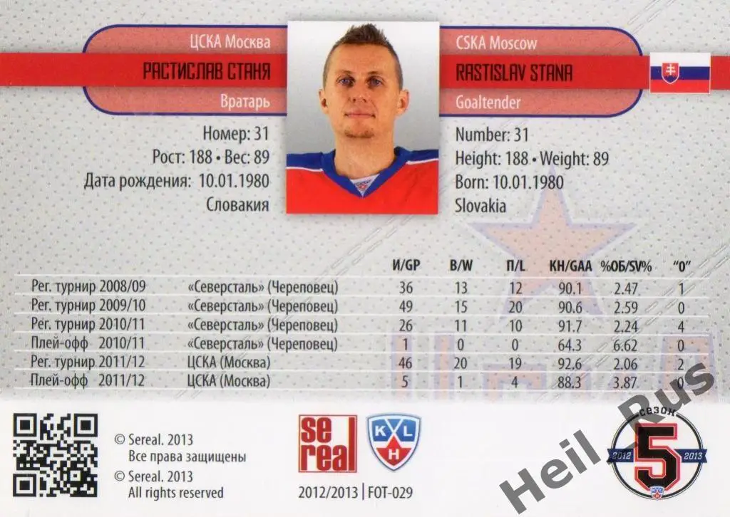 Хоккей. Карточка Растислав Станя (ЦСКА Москва) КХЛ/KHL сезон 2012/13 SeReal 1