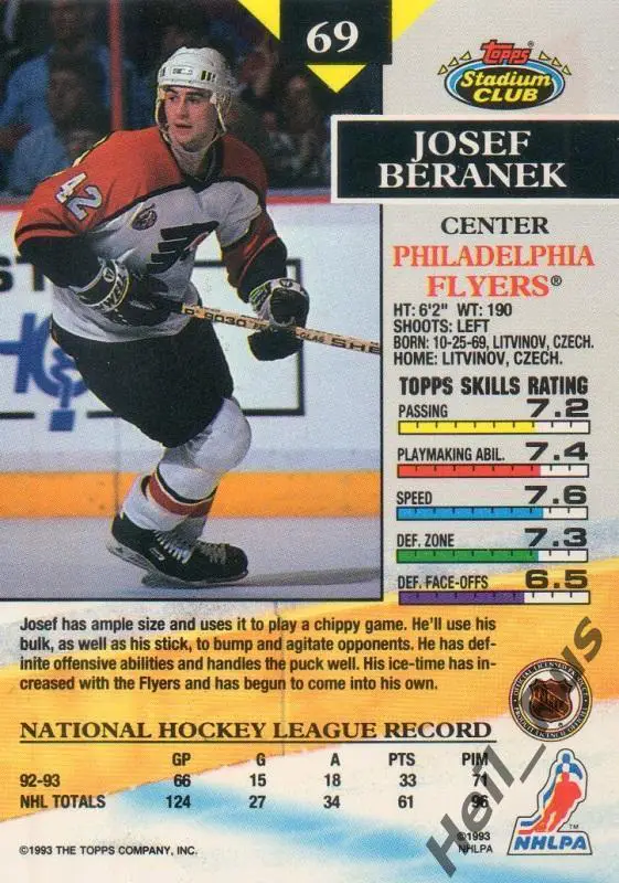 Хоккей. Карточка Josef Beranek/Йозеф Беранек Philadelphia Flyers/Флайерз НХЛ/NHL 1
