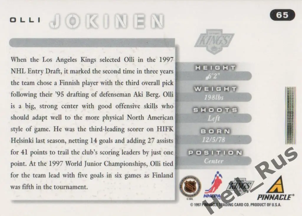 Хоккей. Карточка Olli Jokinen/Олли Йокинен (Los Angeles Kings/Кингз) НХЛ/NHL 1