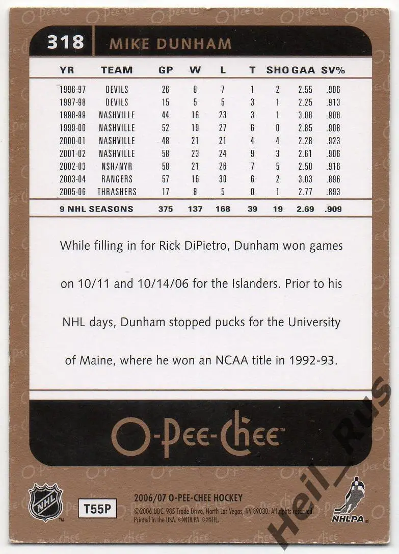 Карточка Mike Dunham/Майк Данхем (New York Islanders/Нью-Йорк Айлендерс) НХЛ/NHL 1