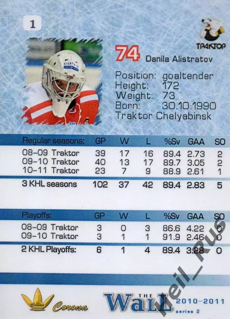 Хоккей. Карточка Данила Алистратов (Трактор Челябинск) КХЛ/KHL сезон 2010/11 1