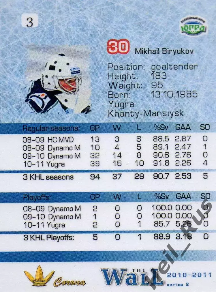 Хоккей. Карточка Михаил Бирюков (Югра Ханты-Мансийск) КХЛ/KHL сезон 2010/11 1