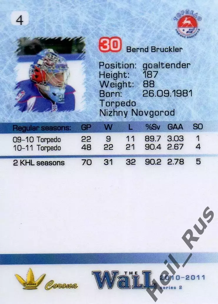 Хоккей. Карточка Бернд Брюклер (Торпедо Нижний Новгород) КХЛ/KHL сезон 2010/11 1