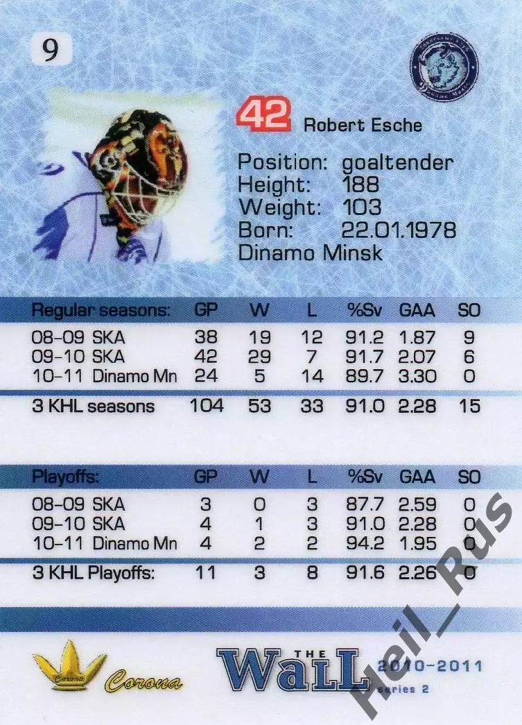 Хоккей. Карточка вратарь Роберт Эш (Динамо Минск) КХЛ/KHL сезон 2010/11 1