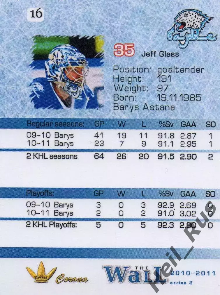 Хоккей. Карточка вратарь Джефф Гласс (Барыс Астана) КХЛ/KHL сезон 2010/11 1
