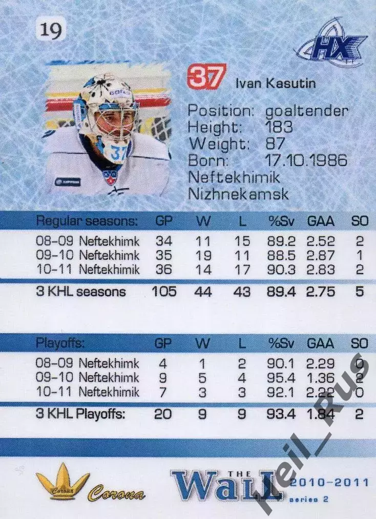 Хоккей Карточка вратарь Иван Касутин Нефтехимик Нижнекамск КХЛ/KHL сезон 2010/11 1