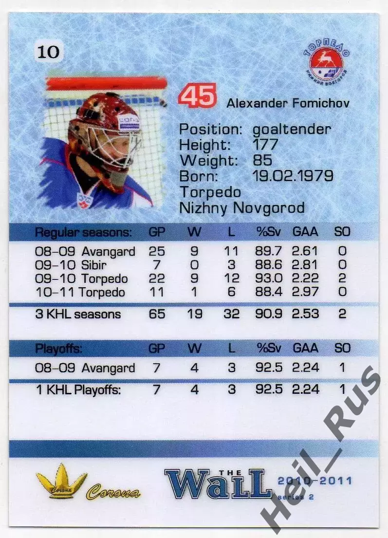 Хоккей. Карточка Александр Фомичев Торпедо Нижний Новгород КХЛ/KHL сезон 2010/11 1
