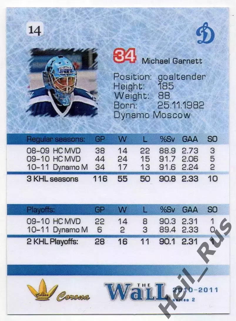 Хоккей. Карточка вратарь Майкл Гарнетт (Динамо Москва) КХЛ/KHL сезон 2010/11 1