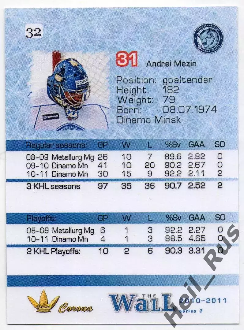 Хоккей. Карточка вратарь Андрей Мезин (Динамо Минск) КХЛ/KHL сезон 2010/11 1