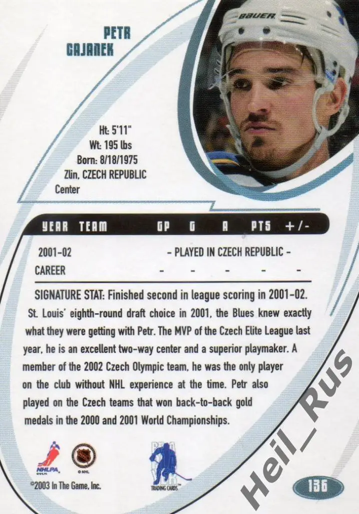 Хоккей Карточка Петр Чаянек St. Louis Blues, Ак Барс, СКА, Динамо Москва НХЛ/КХЛ 1