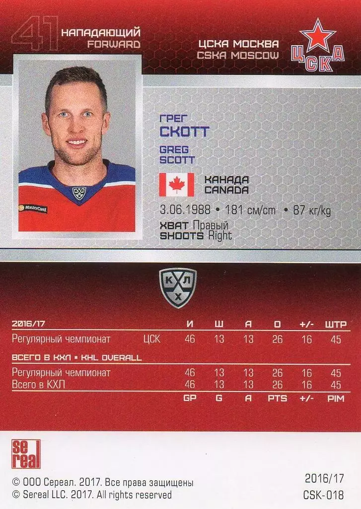 Хоккей. Карточка Грег Скотт (ЦСКА Москва, Канада) КХЛ/KHL сезон 2016/17 SeReal 1