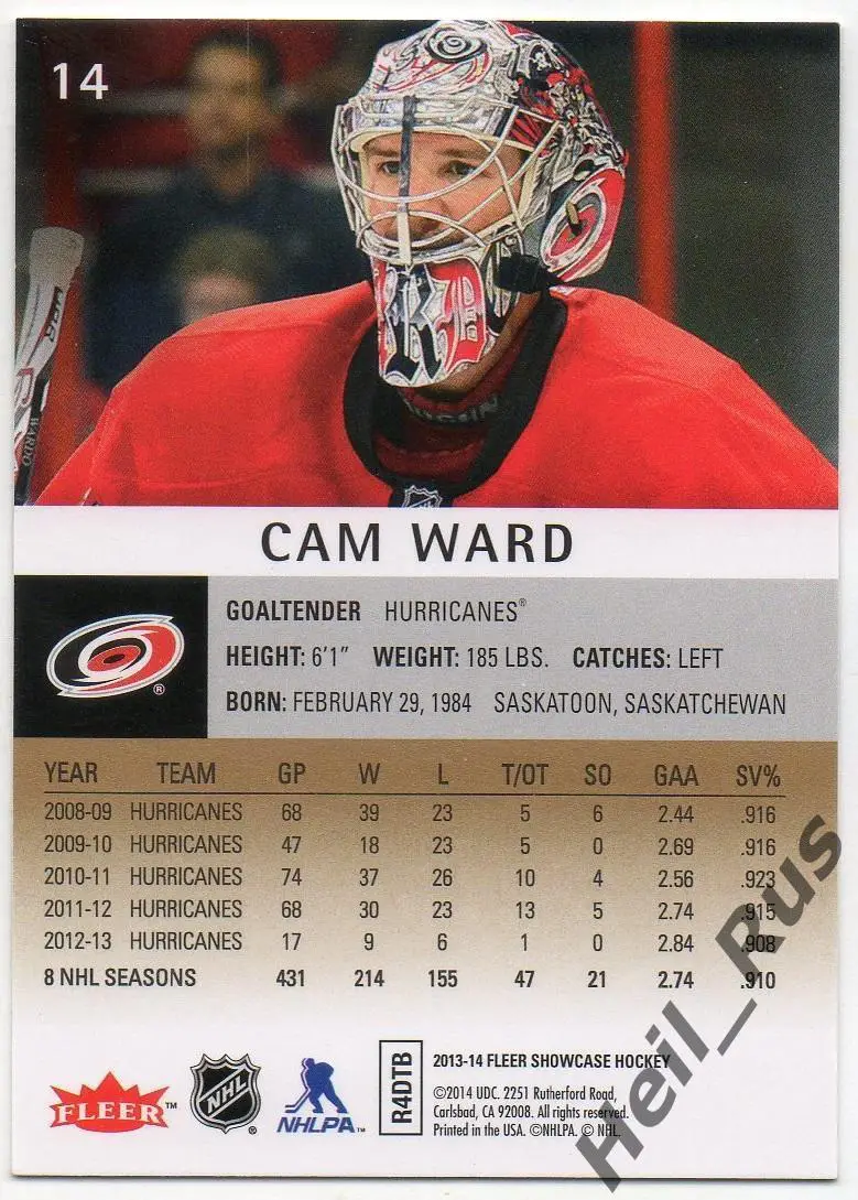 Хоккей Карточка Cam Ward/Кэм Уорд (Carolina Hurricanes/Каролина) НХЛ/NHL 2013/14 1