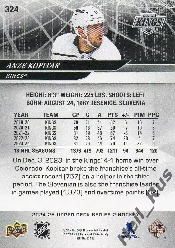 Карточка Anze Kopitar/Анже Копитар Los Angeles Kings/Лос-Анджелес Кингз NHL-НХЛ 1