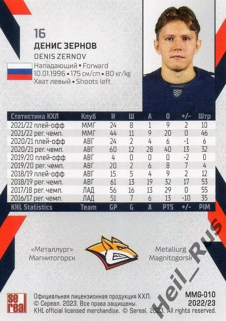 Хоккей Карточка Денис Зернов Металлург Магнитогорск КХЛ/KHL сезон 2022/23 SeReal 1