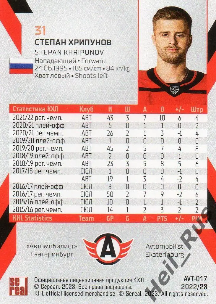 Хоккей. Карточка Степан Хрипунов Автомобилист Екатеринбург КХЛ/KHL сезон 2022/23 1