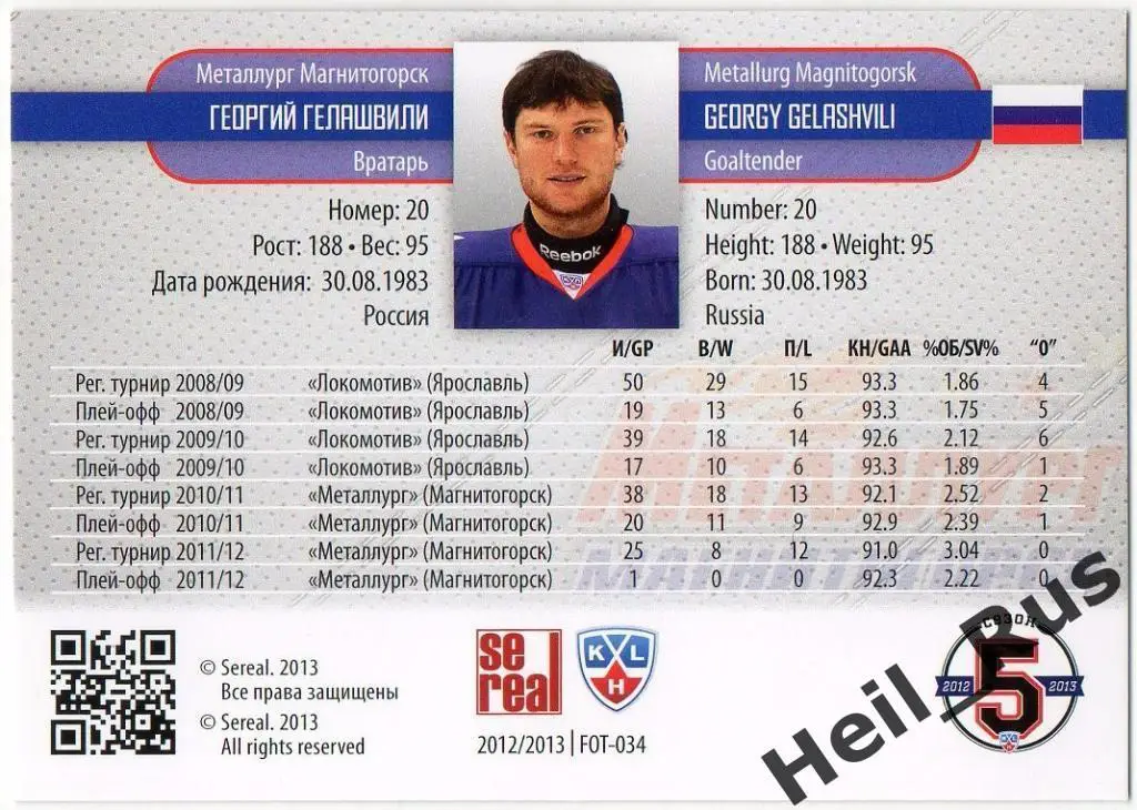 Хоккей. Карточка Георгий Гелашвили (Металлург Магнитогорск) КХЛ 2012/13 SeReal 1