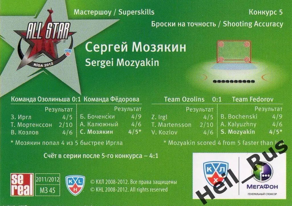 Хоккей. Карточка Сергей Мозякин (Металлург Магнитогорск) Матч Звезд КХЛ/KHL 2012 1