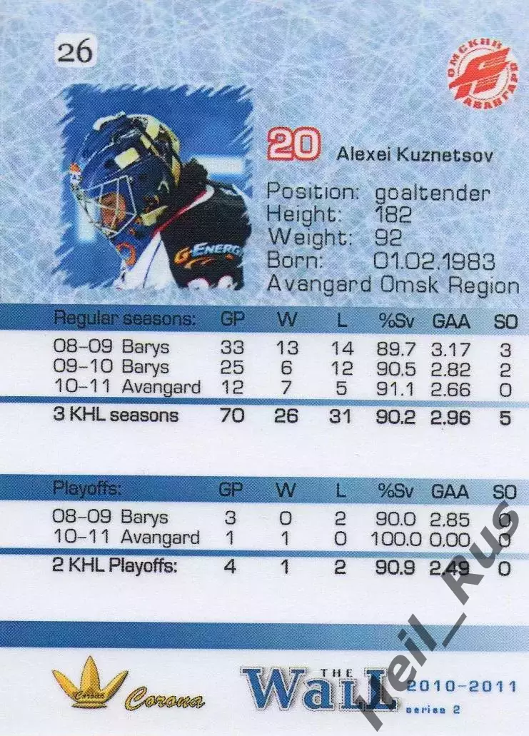 Хоккей. Карточка Алексей Кузнецов Авангард Омская область КХЛ/KHL сезон 2010/11 1