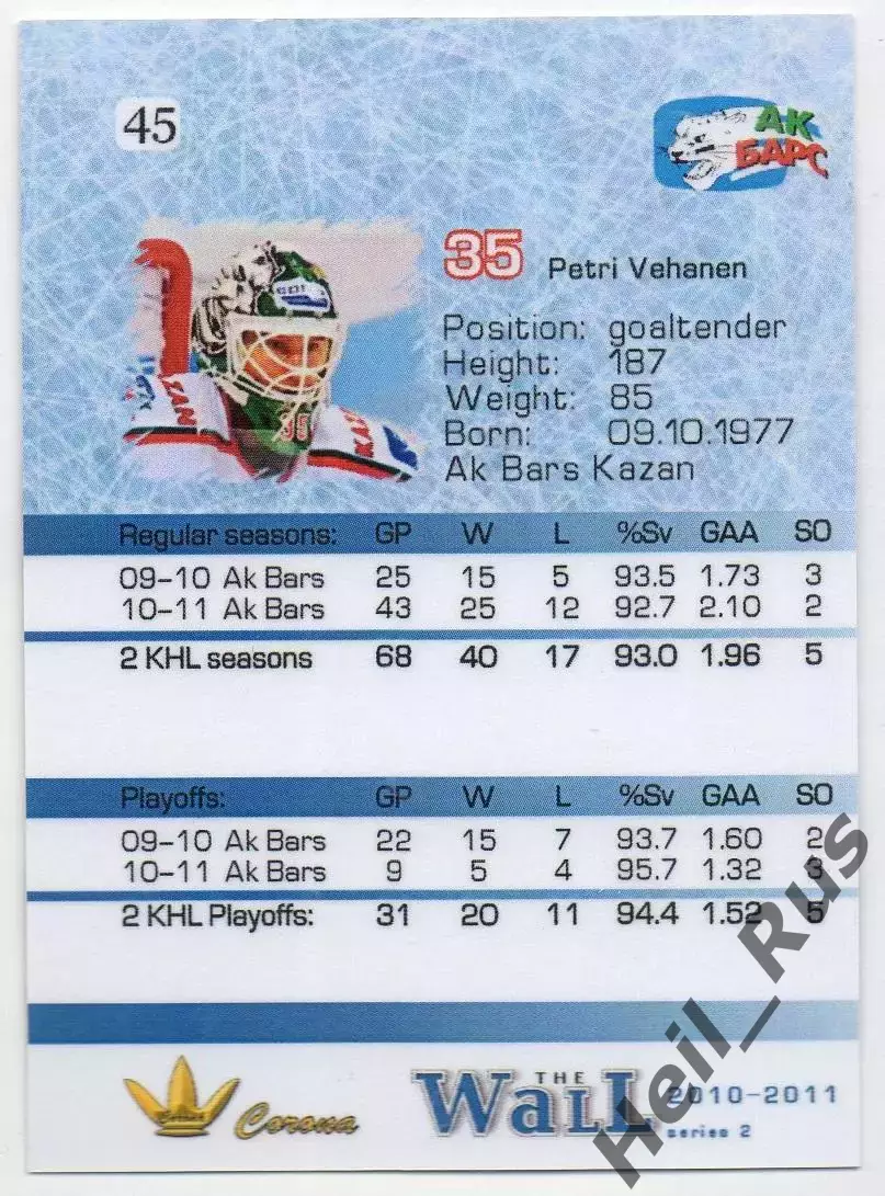 Хоккей. Карточка вратарь Петри Веханен (Ак Барс Казань) КХЛ/KHL сезон 2010/11 1