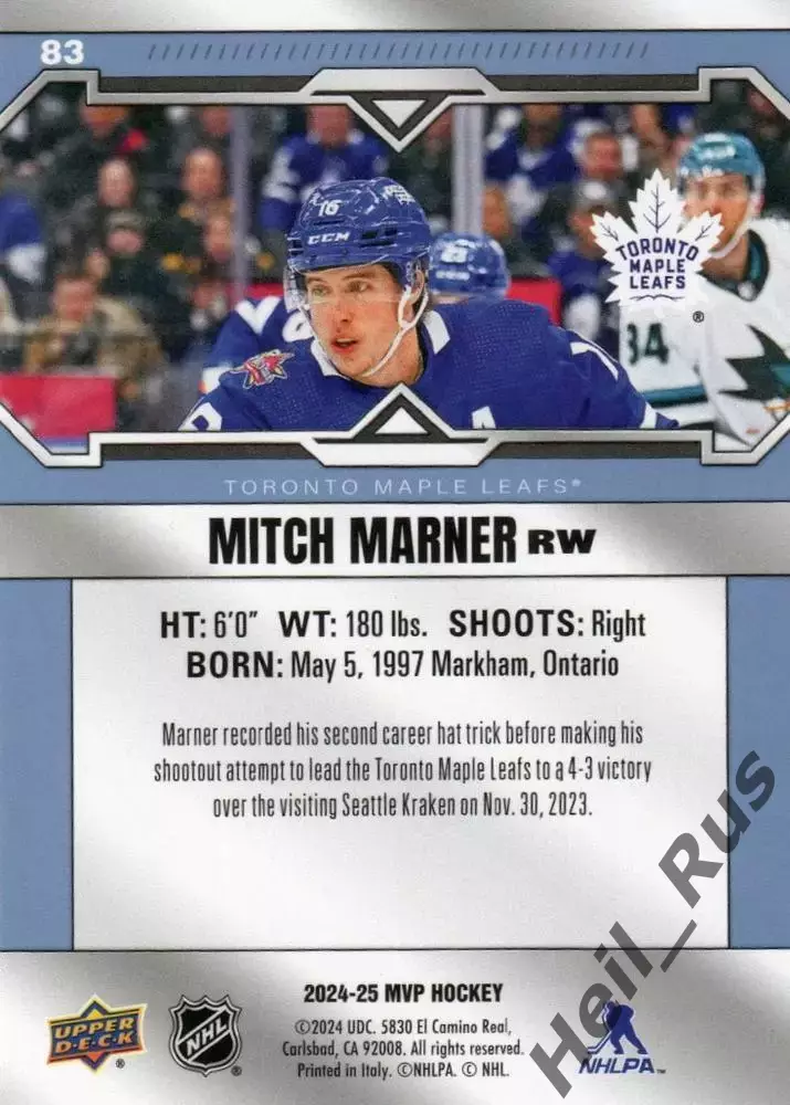 Карточка Mitch Marner/Митч Марнер Toronto Maple Leafs/Торонто Мейпл Лифс NHL/НХЛ 1