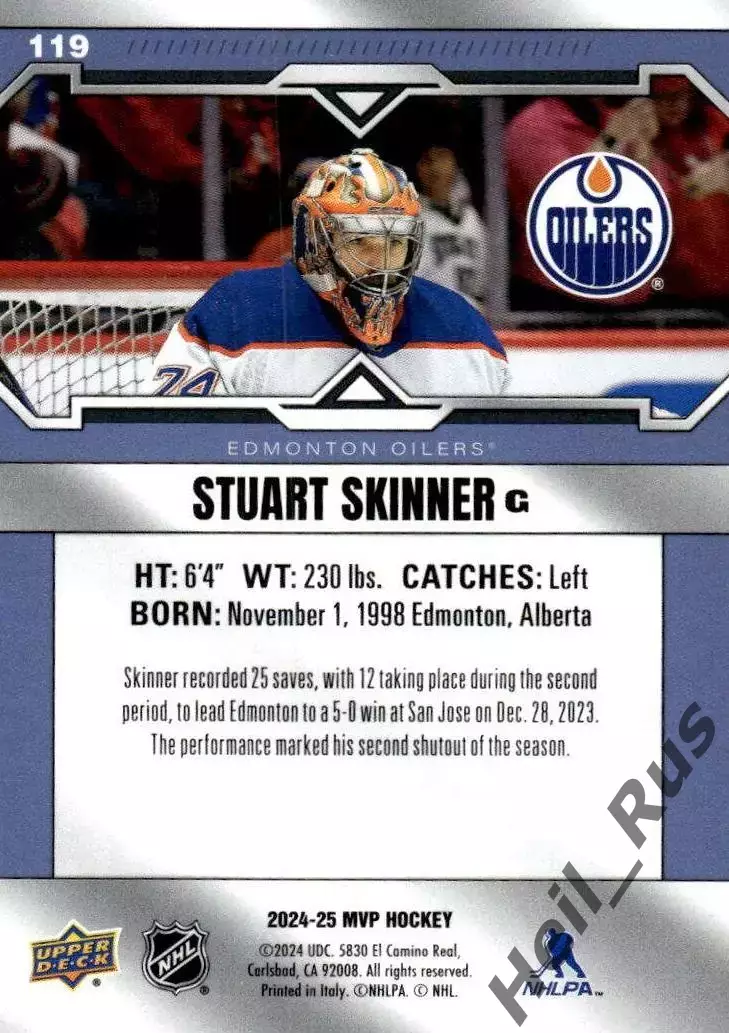 Карточка Stuart Skinner/Стюарт Скиннер (Edmonton Oilers/Эдмонтон Ойлерз) НХЛ/NHL 1