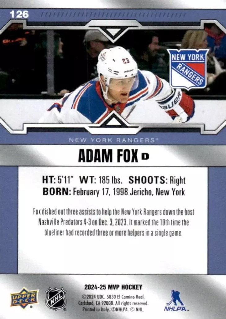 Хоккей Карточка Adam Fox/Адам Фокс New York Rangers / Нью-Йорк Рейнджерс НХЛ/NHL 1