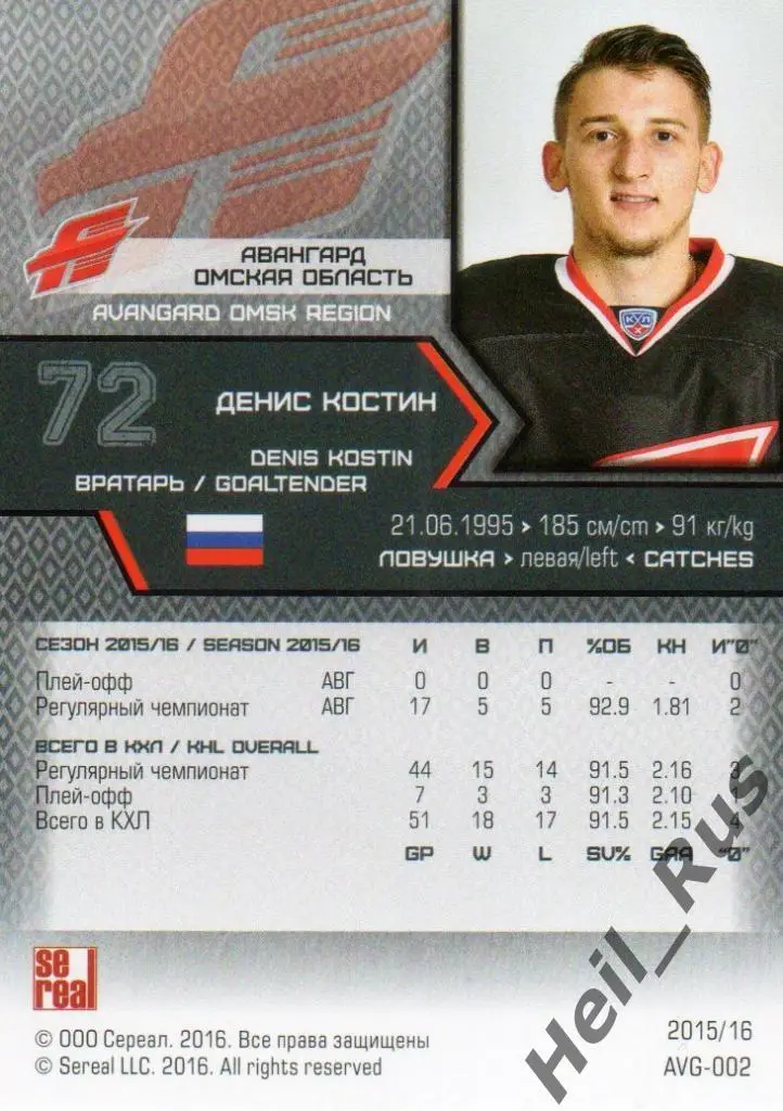 Хоккей. Карточка Денис Костин (Авангард Омская область) КХЛ сезон 2015/16 SeReal 1