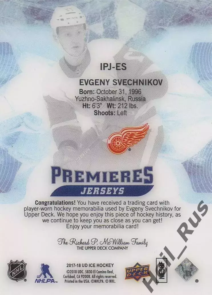 Карточка Евгений Свечников (Детройт Ред Уингз, Ак Барс/Амур/Торпедо) НХЛ/NHL/КХЛ 1