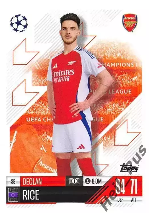 Футбол. Карточка Деклан Райс (Арсенал, Вест Хэм Юнайтед) Лига Чемпионов 2024/25