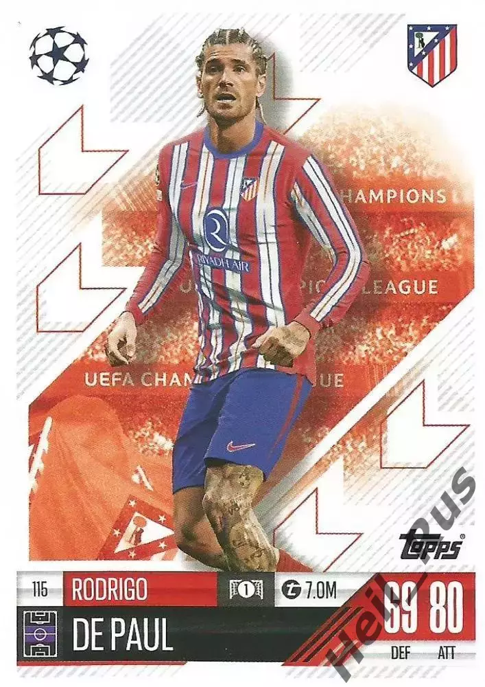 Карточка Родриго де Пауль Атлетико Мадрид, Удинезе Лига Чемпионов 2024-25 TOPPS