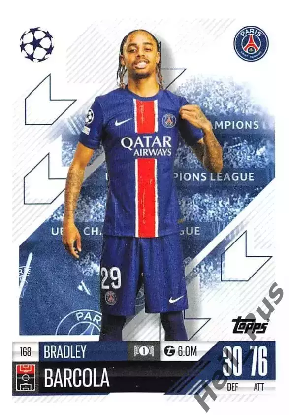 Футбол. Карточка Брэдли Баркола Пари Сен-Жермен/ПСЖ, Лион Лига Чемпионов 2024-25