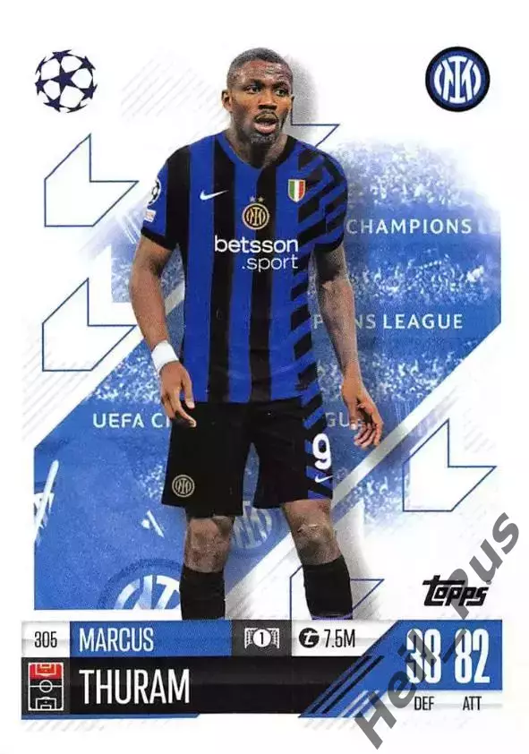 Футбол. Карточка Marcus Thuram/Маркус Тюрам (Интер) Лига Чемпионов 2024-25 TOPPS