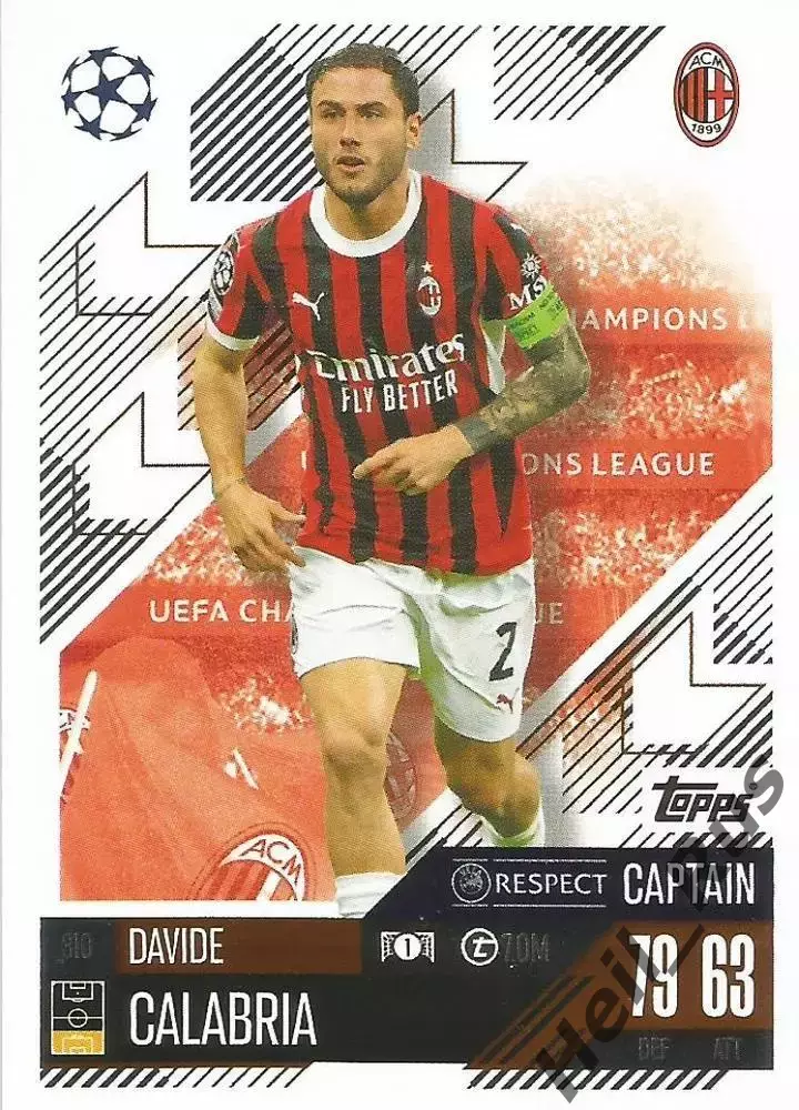 Футбол. Карточка Давиде Калабрия (Милан, Болонья) Лига Чемпионов 2024-25 TOPPS
