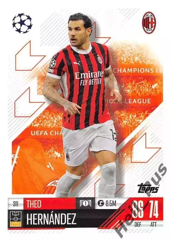 Футбол. Карточка Тео Эрнандес (Милан, Реал Мадрид) Лига Чемпионов 2024-25 TOPPS