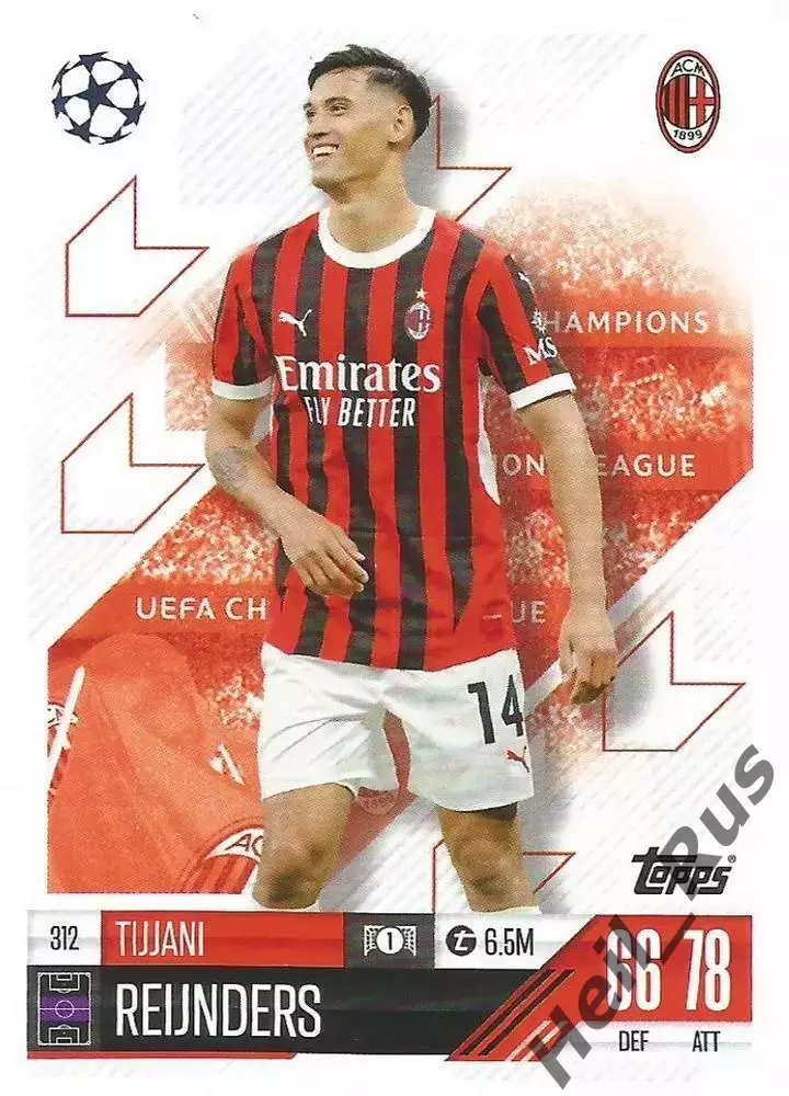 Футбол. Карточка Тиджани Рейндерс (Милан, Манчестер Сити) Лига Чемпионов 2024-25