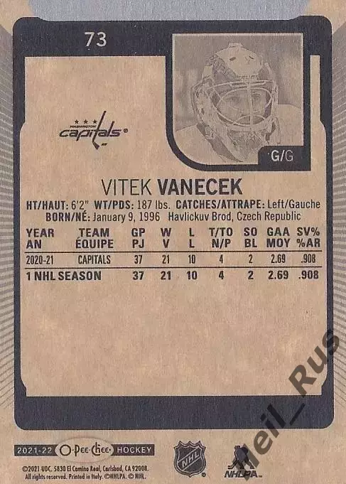 Карточка Vitek Vanecek/Витек Ванечек (Washington Capitals / Вашингтон) НХЛ/NHL 1