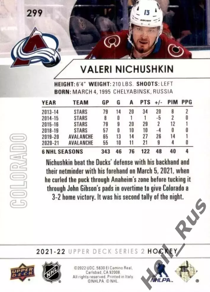 Карточка Валерий Ничушкин Colorado Avalanche/Колорадо, Трактор, ЦСКА НХЛ/NHL/КХЛ 1